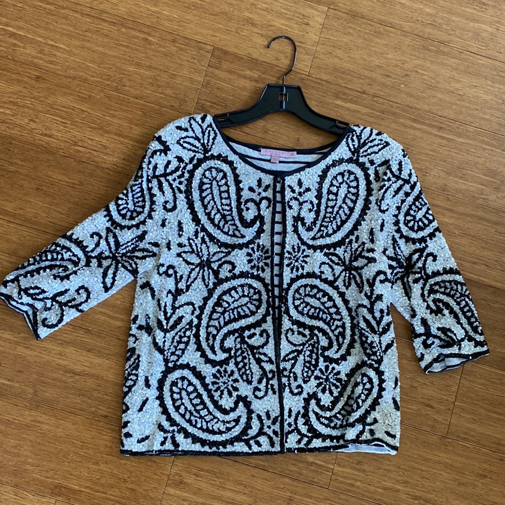 Calypso St. Barth black and white sequin dress cardigan/bolero jacket. Small